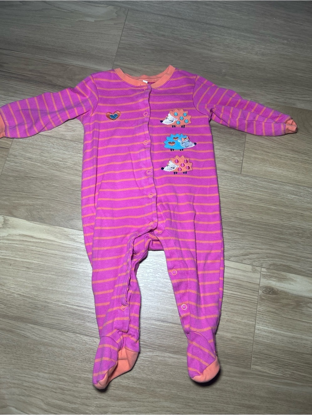 Striped Pink & Orange Footed One-Piece with Hedgehog Appliqués